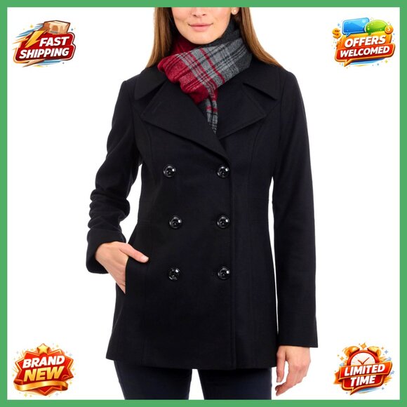 Plus Size Wool Blend Peacoat with Scarf Double Breasted Winter Coat